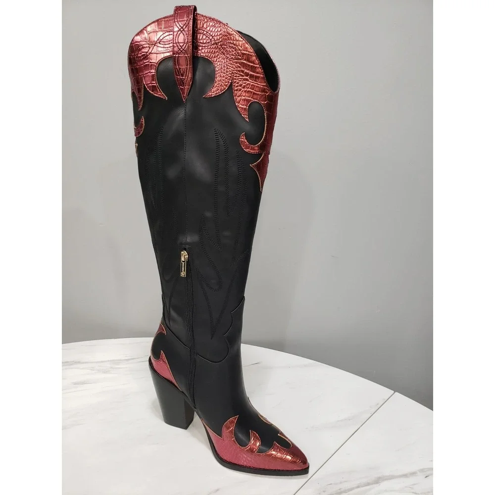 NEW SIZE 10 Jessica Simpson Womens Rhetta Flame Knee High Cowboy‎ Boots Black